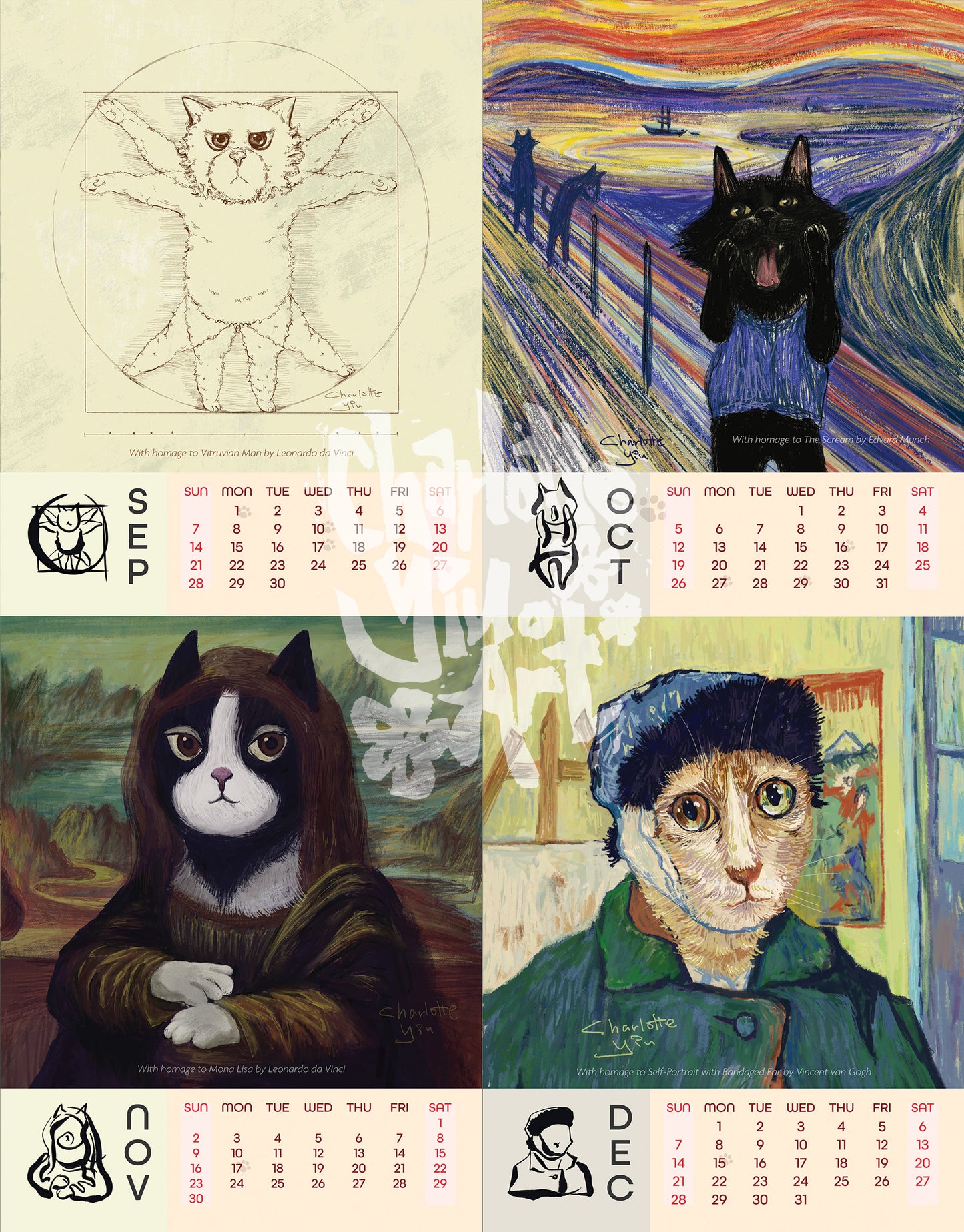 Illustrated Cat Calendar 2025 - Masterpieces Reimagined